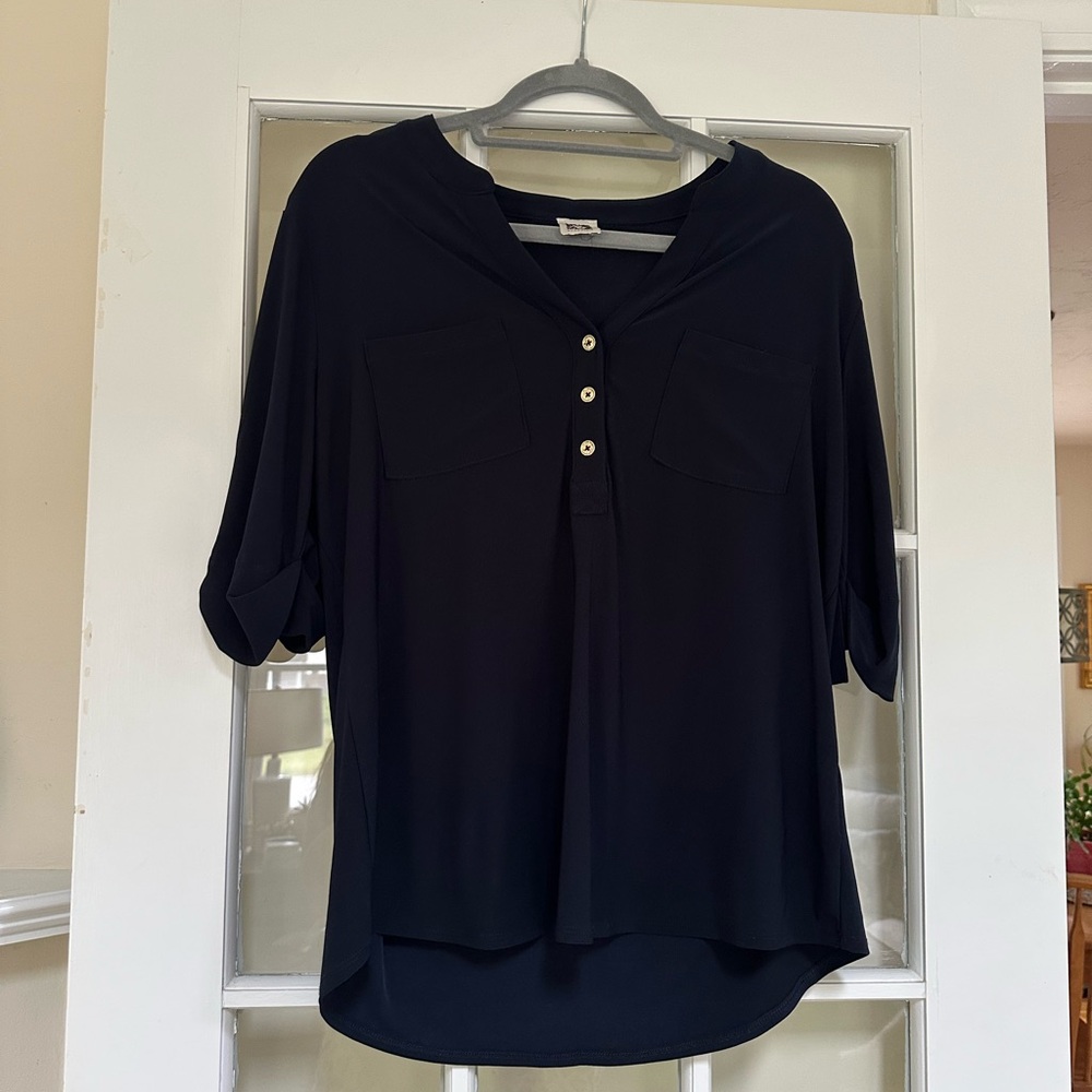 Anne Klein Blue and Gold Cuffed Sleeve Blouse (Size Large)